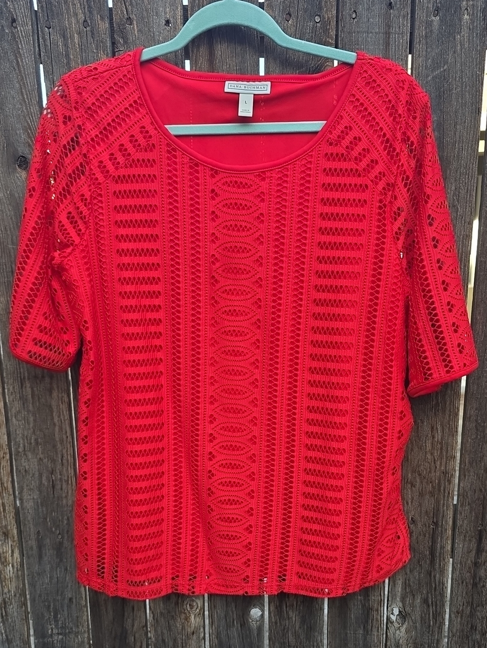 Dana Buchman Bright Red Crochet Overlay Short-Sleeve Top